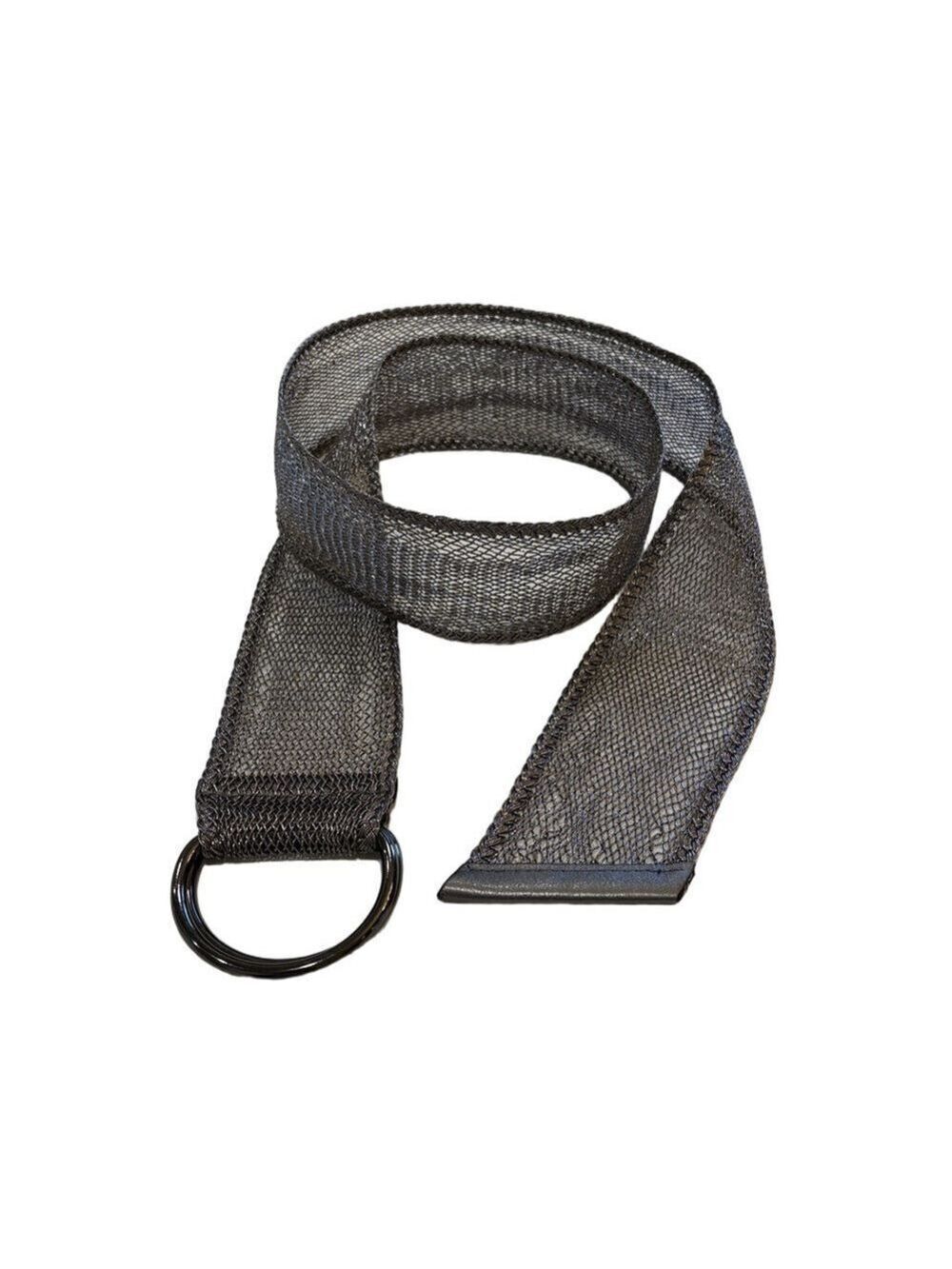 Chico’s gray metallic mesh double D ring belt. 3” wide. Length 49”